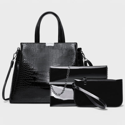 Nora. - Elegante set di borse in pelle di coccodrillo nera composto da 3 pezzi
