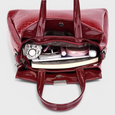 Nora. - Elegante set di borse in pelle di coccodrillo nera composto da 3 pezzi