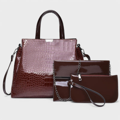 Nora. - Elegante set di borse in pelle di coccodrillo nera composto da 3 pezzi