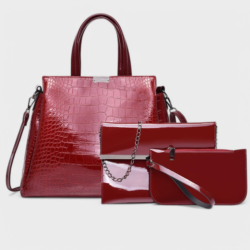 Nora. - Elegante set di borse in pelle di coccodrillo nera composto da 3 pezzi