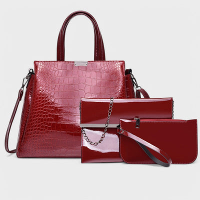 Nora. - Elegante set di borse in pelle di coccodrillo nera composto da 3 pezzi